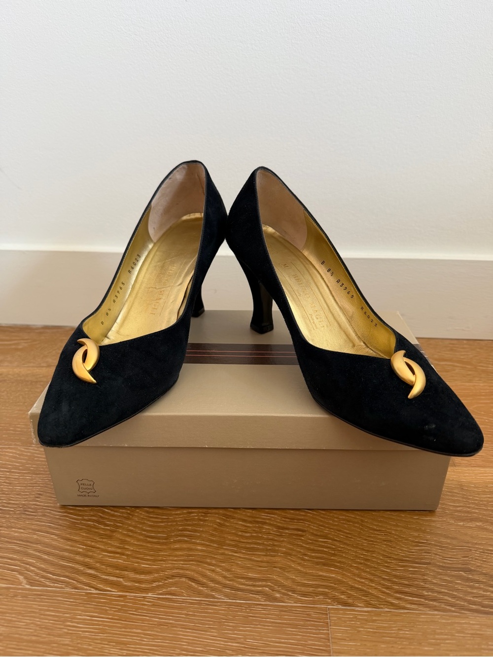 Bruno Magli Navy Suede Pointed Toe Pumps with Gold-Tone Accent with original box